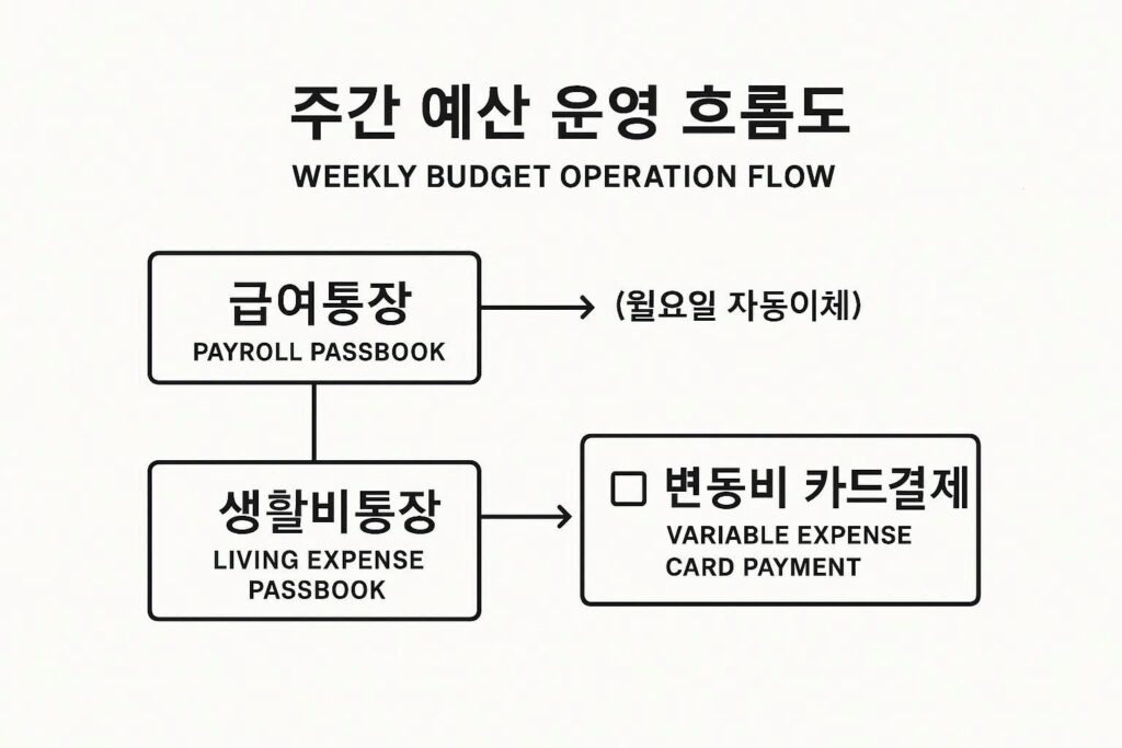 월급통장부터 주간 예산 이체로 생활비를 운영하는 흐름