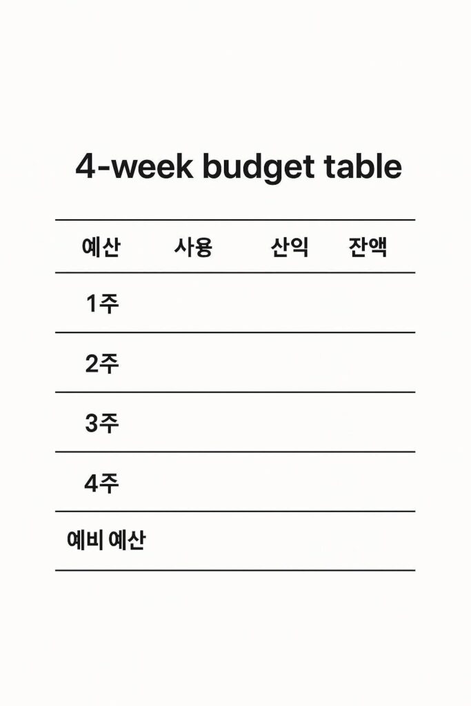 주간 예산 4주 예산표 템플릿(예산 사용 잔액)