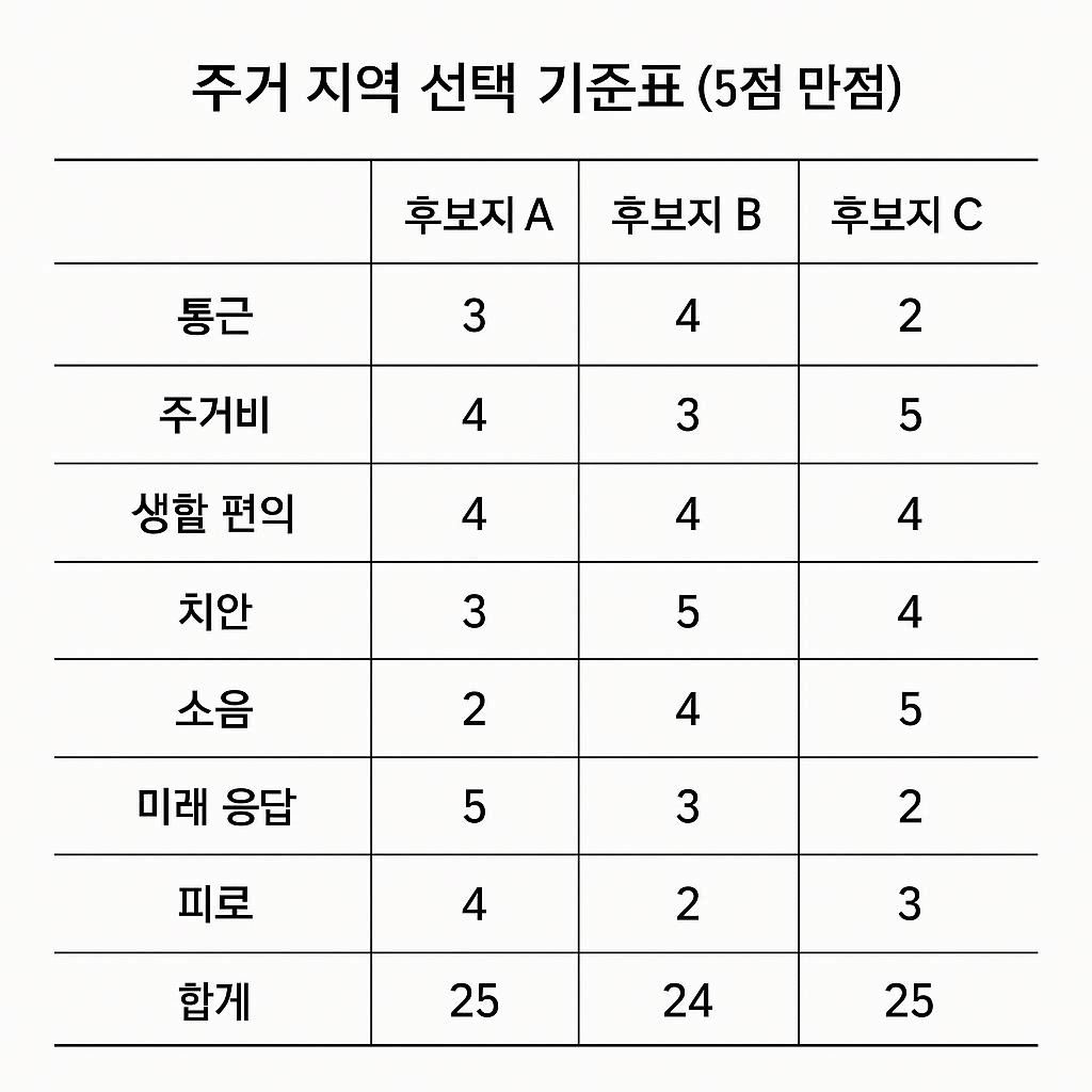 직장인 실거주 동네 선택 기준표 점수 템플릿
